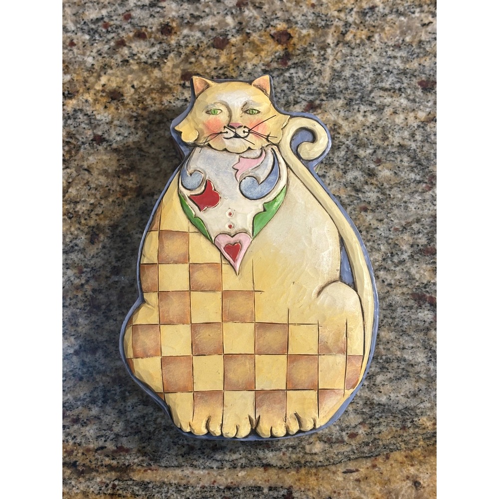 Jim Shore Heartwood Creek‎ Cat Squares Pattern Covered Box 4009949 Enesco 2007